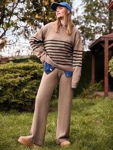 Cloudara Women Stripe Pattern Exposed Seam Detailed Round Neck Drop Shoulder Pullover & Sweater Pants Knit Two Piece Set,Co Ord,Winter Clothes - Beige - View 3