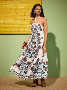 Felipe Marques Women's Floral Print Off-Shoulder Sleeveless Dress, Casual For Vacation, Party, Autumn/Winter - Apricot - View 1