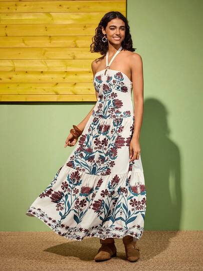 Felipe Marques Women's Floral Print Off-Shoulder Sleeveless Dress, Casual For Vacation, Party, Autumn/Winter