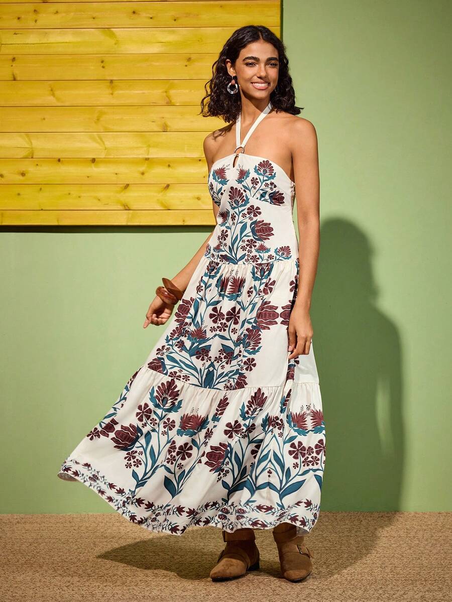 Felipe Marques Women's Floral Print Off-Shoulder Sleeveless Dress, Casual For Vacation, Party, Autumn/Winter - Apricot - View 1
