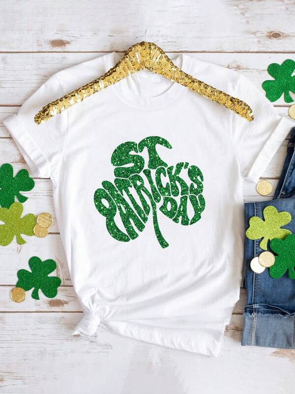 INAWLY 2026年春秋新作 レディースTシャツ、セントパトリックスデー プリントパターン、ルーズ 半袖 ベース、グリッター シャムロック レディースティー、セントパトリックスデー レディースシャツ、四つ葉のクローバー クルーネック、彼女へのアイリッシュギフト