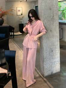 DAZY 女士V领开衫纹理面料收腰衬衫和阔腿裤休闲两件套 - 粉色 - 查看 2