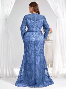 Coutiva 大码优雅华丽亮片刺绣V领长袖珍珠水钻设计秋冬连衣裙，适合日常穿着、派对、晚宴、婚礼宾客等场合。 - 藍色 - 查看 2