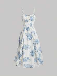 SHEIN MOD Women's Floral Print Frilled Hem Cami Dress,Pastel Dresses For Women - Blue and White - View 1