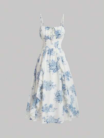 SHEIN MOD 女士花卉印花荷葉邊背心裙