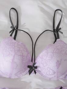 DelicateAllure Set de 2 sujetadores con aros y relleno, push up, con bloqueo de color, parches de encaje, volantes, encaje floral, lindo y fresco conjunto de lencería cómoda tipo balconette para mujeres - Púrpura malva - Ver 4