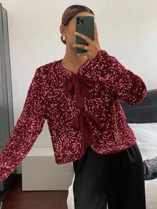 Livesso Women's Sequin Tie Front Blouse For Party, Autumn Glitter Top - Burgundy - View 5