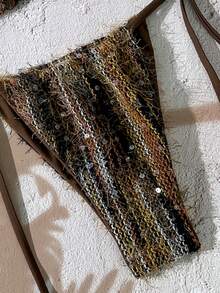 Swim Chiccia 女士泳衣两件套，性感优雅浪漫针织亮片挂脖系带泳装，女士度假装，女士精致优雅沙滩泳装套装 - 棕色 - 查看 10