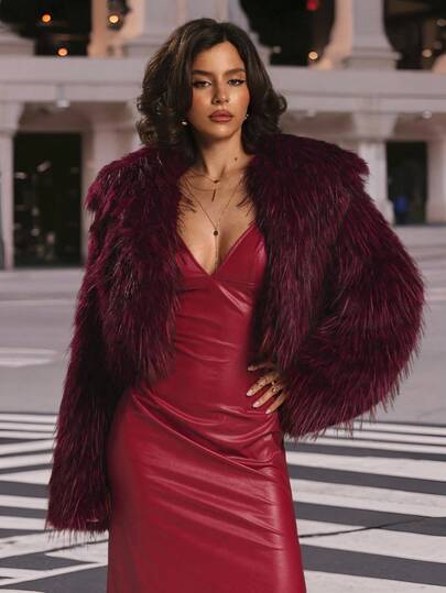 Aloruh Young Lady 音乐节渐变色翻领短款仿皮草外套，秋冬