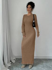 Rafferiza 女士纯色圆领长袖修身罗纹针织长款毛衣连衣裙，秋冬款 - 棕色 - 查看 5