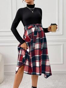 SHEIN Cherish Maternity 秋冬季罗纹拼接格纹系带连衣裙 - 紅色 - 查看 5