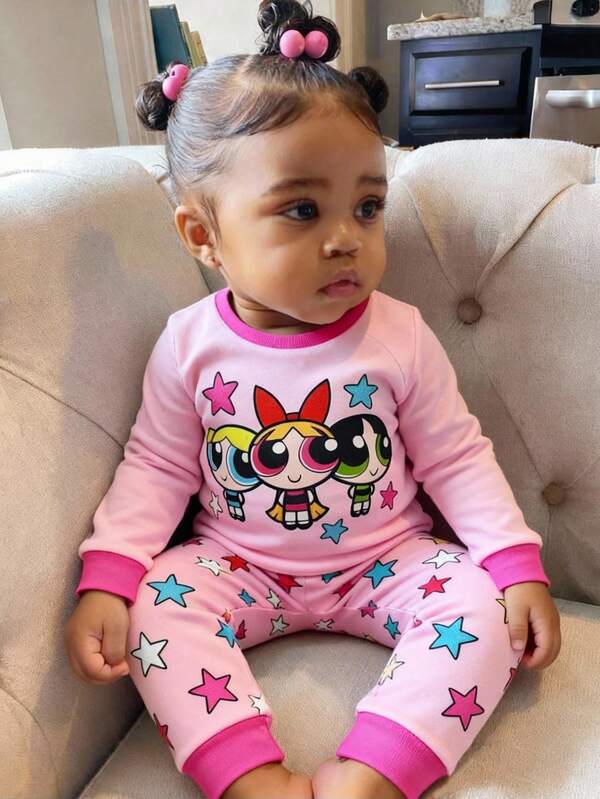 THE POWERPUFF GIRLS X SHEIN 2pcs Baby Girl Cute Blossom, Bubbles, Buttercup Pattern Colorblock Crew Neck Long Sleeve Top And Leggings Knit Tight Fit Comfortable Pajama Set