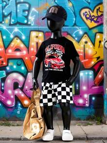 2pcs/Set Baby Boy Casual Urban Chic Black & White Striped Racing Car Pattern Oversized Drop Shoulder Hoodie Tee And Checkerboard Pants Outfit Suitable For Outings, Daily Occasions, Spring/Summer - Black - View 7