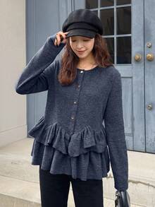 FRIFUL Women's Casual, Everyday, Workplace Commute Simple Solid Color Multi-Layer Ruffle Hem Button-Front T-Shirt, Spring/Autumn - Navy Blue - View 7