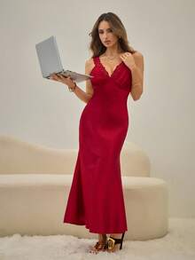 HautHeat Women's Solid Color Lace Patchwork Elegant Backless Sleeveless Nightgown - Burgundy - View 4