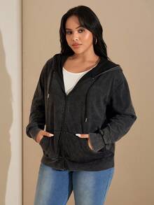 SHEIN Tall CURVE 大码女式开襟拉链水洗面料长袖卫衣，百搭黑色休闲套头衫，带口袋，适合秋冬季穿着。 - 黑色 - 查看 4