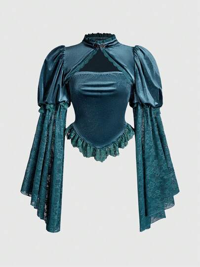 ROMWE Goth Women's Elegant Stand Collar Flare Sleeve Velvet & Lace Patchwork Blouse