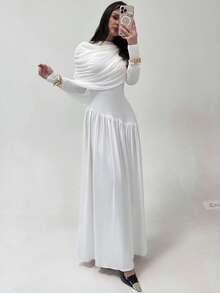 Firerie 女士纯色长袖褶皱不对称设计优雅连衣裙 - 白色 - 查看 7