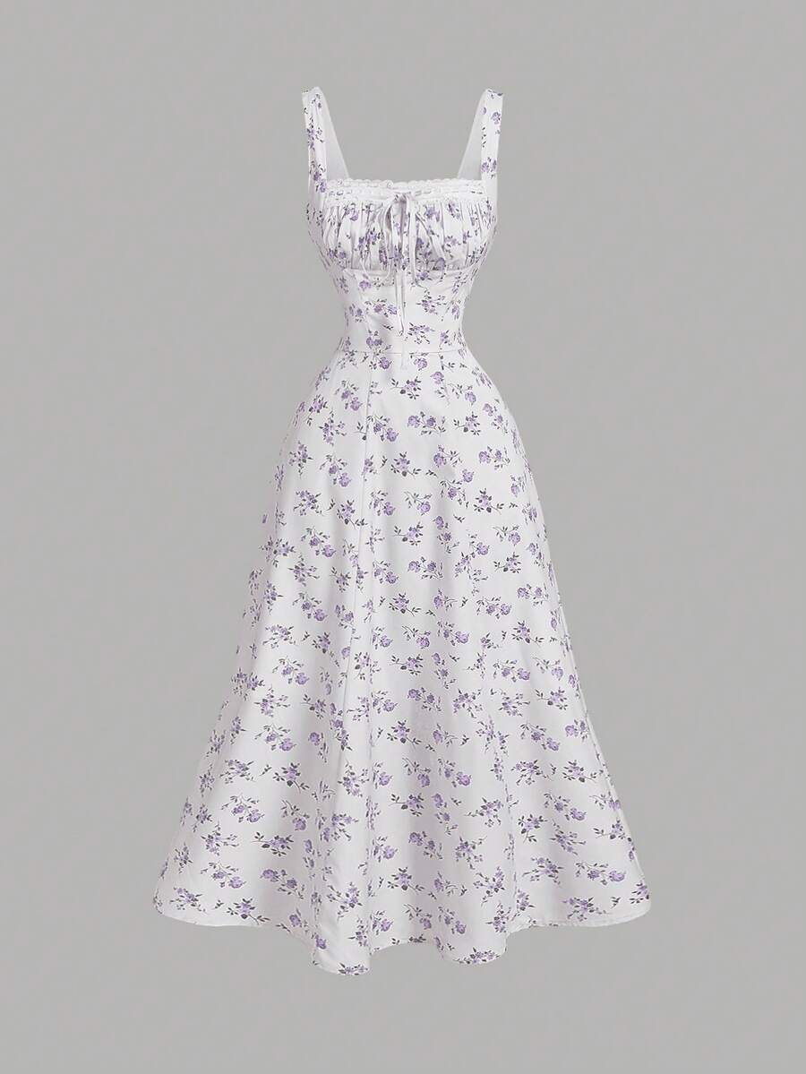 SHEIN MOD Square Neck Lace Front Panel Gathered Back Tie Floral Dress, Party Dress, Brunch Dress, Vacation Dress, Banquet Dress, Valentine's Day Dress, New Year's Dress,Beach Vacation Outfits - Multicolor - View 1