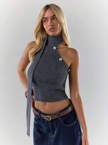 Glamine 女士时尚罗纹露肩系带针织衫 - 灰色 - 查看 4