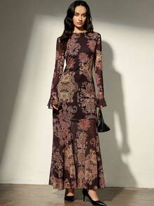 Aveloria Modichic Váy dài tay ôm sát lưng thun lưới in họa tiết cổ điển gợi cảm mùa thu, phong cách Anh - Nhiều màu - Xem 5