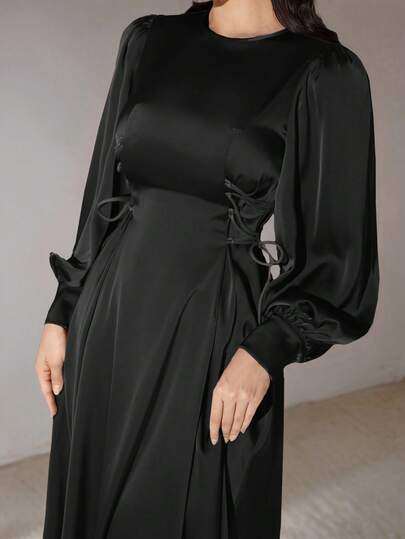 Veilorie Gaun Wanita Polos Lengan Mengembang dengan Ikat Pinggang dan Desain Lipit, Gaun Elegan Warna Hitam