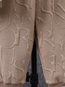 SHEIN Bộ trang phục thường ngày cho bé trai 2 món, bao gồm áo khoác bóng chày tay dài có vải jacquard thêu chữ và quần màu trơn, phù hợp cho bé từ 0-3 tuổi và mặc ngoài trời, mùa thu/đông - Màu Khaki - Xem 8