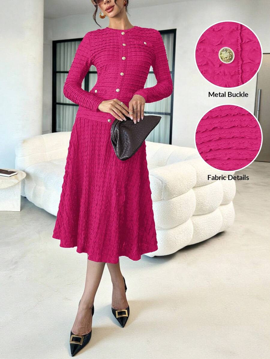 Lavishia Đầm midi ôm sát, cổ tròn tay dài, chất liệu thun dệt kim co giãn màu nâu Mocha, thời trang - Màu Hồng Tươi - Xem 1