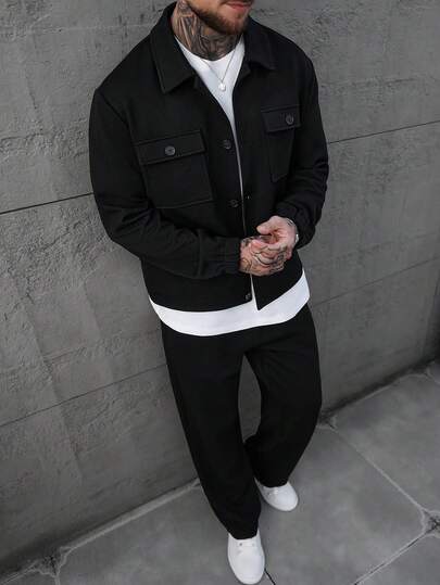 SLATEMANN 男士华夫格纹理提花衬衫和裤子套装，男士套装，男士黑色套装，男士全套服装，男士华夫格针织套装，秋季服装