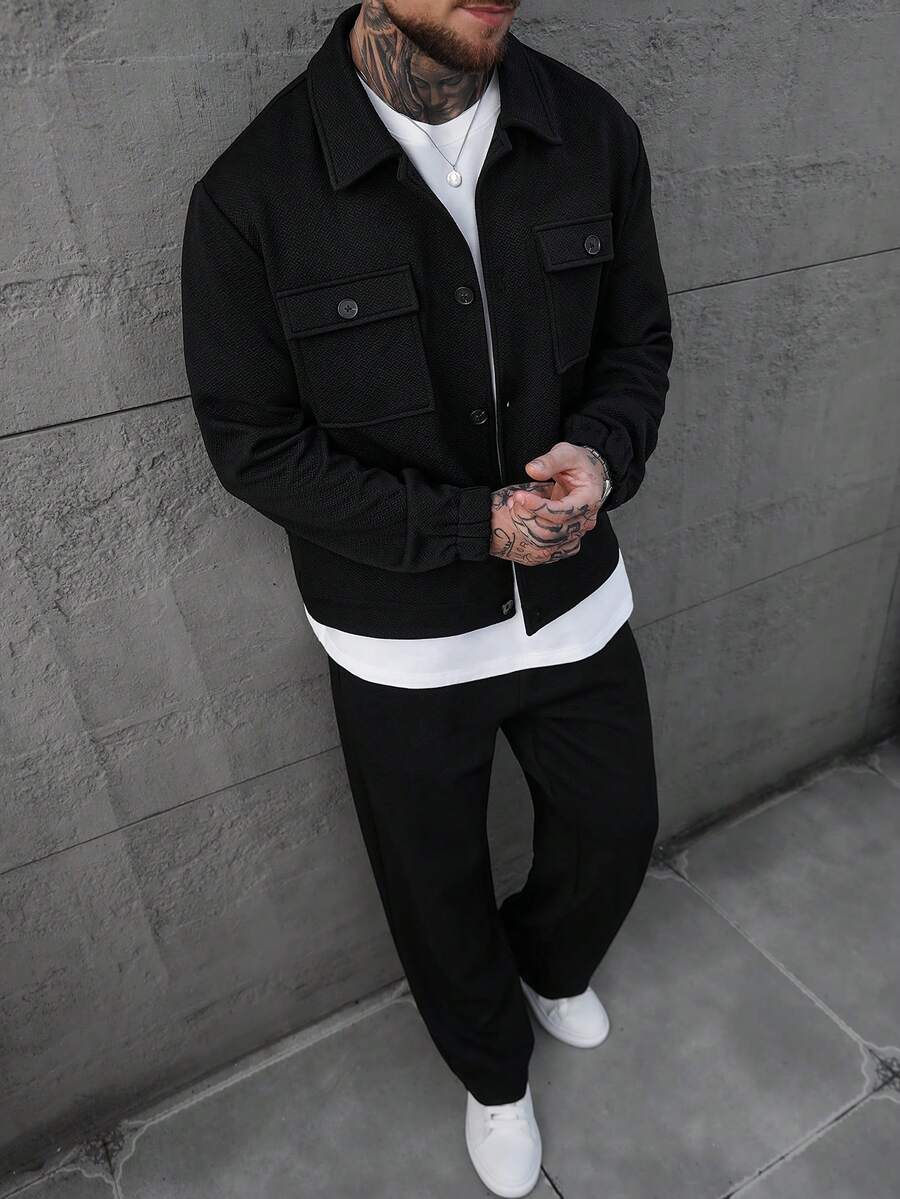 SLATEMANN 男士华夫格纹理提花衬衫和裤子套装，男士套装，男士黑色套装，男士全套服装，男士华夫格针织套装，秋季服装 - 黑色 - 查看 1