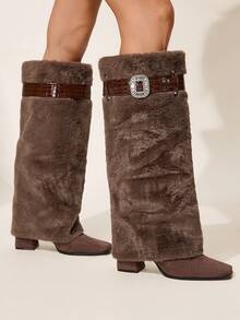 CUCCOO CHICEST Women's Fashionable Commuter Fluffy Chunky Heel Knee-High Boots Valentine's Day - Coffee Brown - View 6