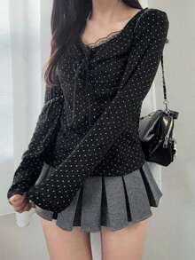 FRIFUL 女士优雅波点印花撞色蕾丝扭结前襟修身T恤，适合日常通勤，长袖 - 黑色 - 查看 4