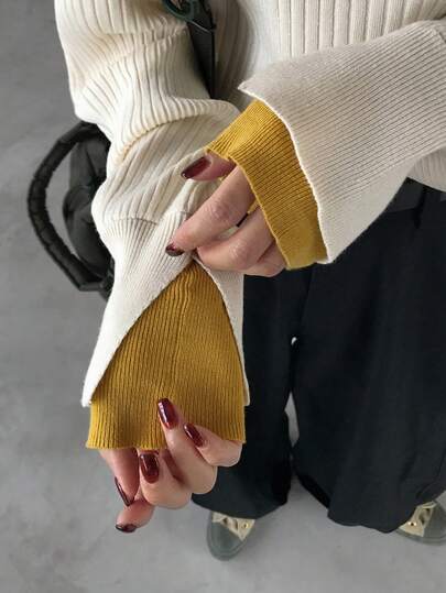 FRIFUL 女士撞色高领落肩长袖宽松休闲套头毛衣，秋季百搭