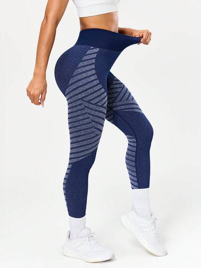 Seamluxe SHEIN Sport Women's Contrast Stripe Print High Waist Sports Leggings, Navy Yoga Leggings, Navy And Gray Leggings, Seamless Tights, Seamless Leggings Glow Mode Active Wear Legging