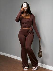 Slaydiva 2025新款秋冬基础休闲学生居家舒适柔软运动跑步瑜伽保暖芭蕾舞少女风吊带背心+长袖绷带上衣+喇叭裤女裤三件套-B - 棕色 - 查看 5