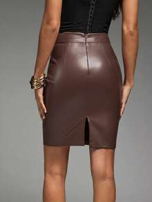 Hauture Women's Solid Color High Waist PU Leather Fashionable Bodycon Skirt - Brown - View 4