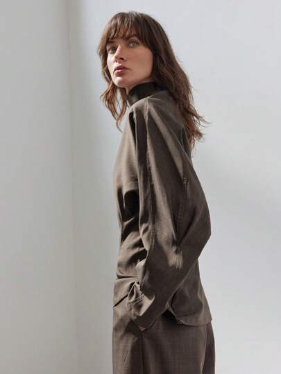 Ontre 2026SS Women's Dark Coffee Brown Lace Jacquard Non-Stretch Comfortable Fabric Asymmetric Collar Oblique Design O-Neck Top And H-Line Straight Wide-Leg Pants Modern Urban Casual Business Suit, High-Quality Airport Outfit, O-Neck Design Series Street-Cool, High-End, Simple, Cool Motorcycle Style Workwear Modern Urban Casual Fashion Business Casual Women's Office Wear Low-Key Old Money Style Effortless Temperament High-End Urban Commuting High-Quality Airport Women's Wear High-End Material Coffee B