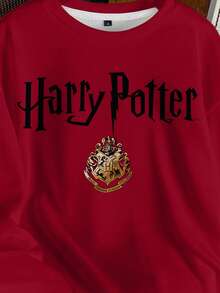 HARRY POTTER X SHEIN 女士休闲时尚街头时尚学院风动物徽章和字母印花落肩宽松羊毛套头衫，秋冬 - 白色 - 查看 3