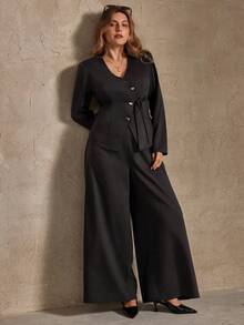 SHEIN LUNE 秋冬两件套加大码女式不规则金属扣肩带开衩背心裤套装，秋冬女士办公室穿搭，两件套女装，优雅老钱风女装 - 黑色 - 查看 8