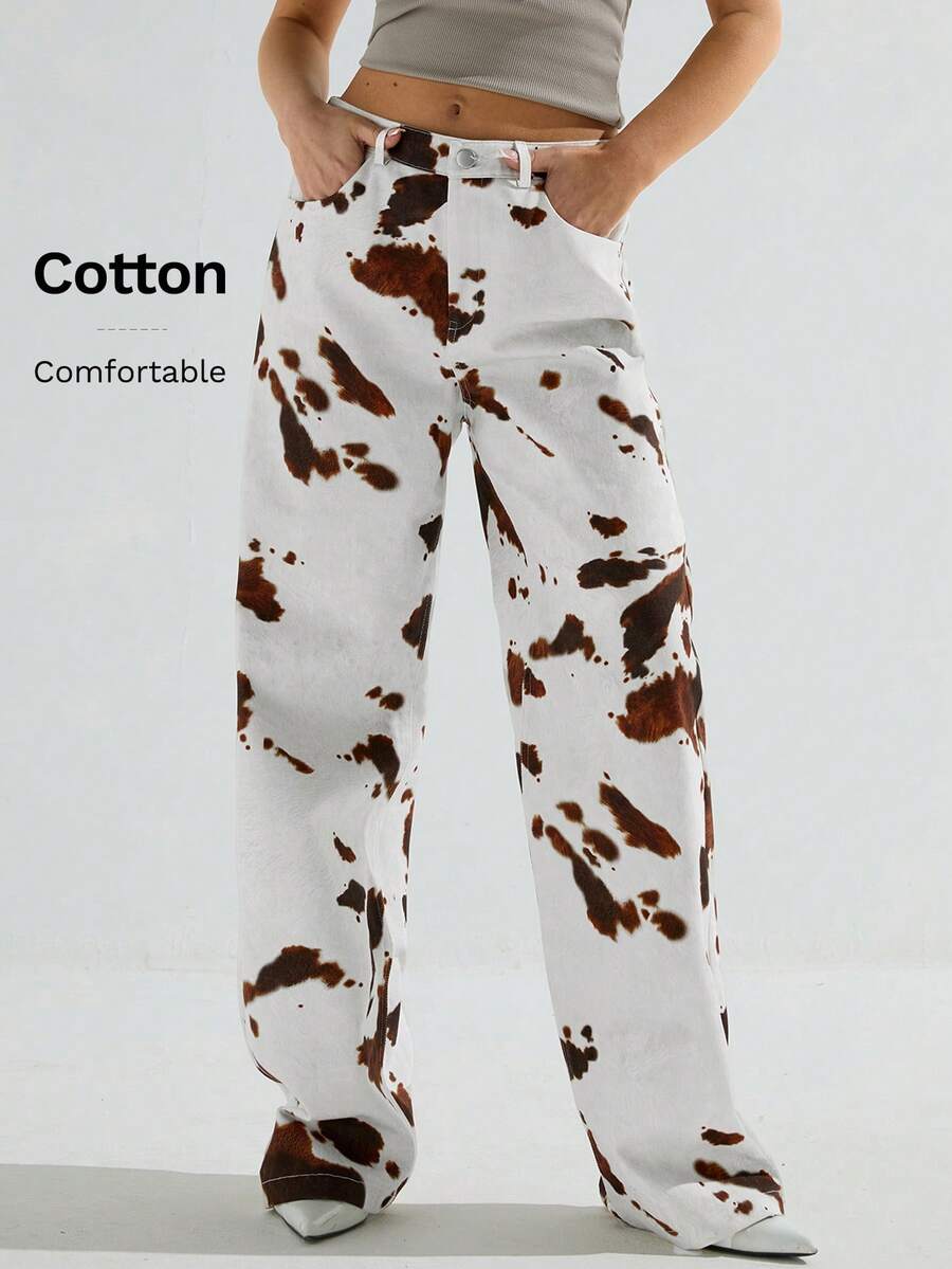 Athîral 女士印花口袋宽松直筒休闲裤 - 白色 - 查看 1