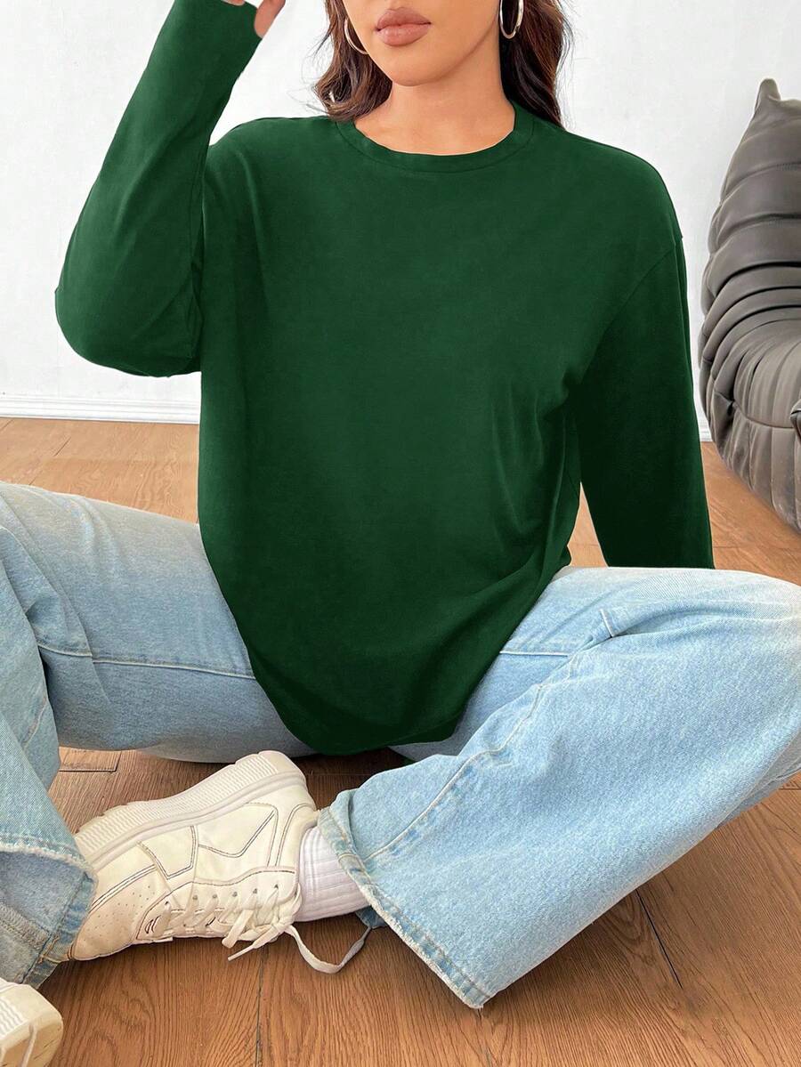 SHEIN EZwear 大码纯色简约日常圆领长袖T恤,橄榄绿 - 墨綠色 - 查看 1