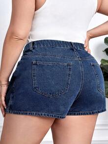 SHEIN CURVE+ 大码女式美式休闲牛仔短裙 - 深色水洗藍 - 查看 2