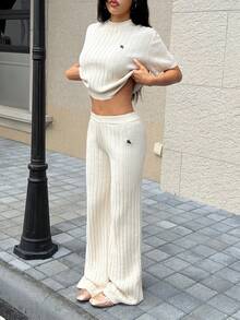 Muchica Women's Knight Pattern Round Neck Short Sleeve Knitted Top And Long Pants Set - Apricot - View 3