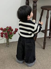 DAZY Áo len dệt kim cổ tròn kẻ sọc rộng rãi cho bé trai mới biết đi, mùa thu/đông - Đen và trắng - Xem 2