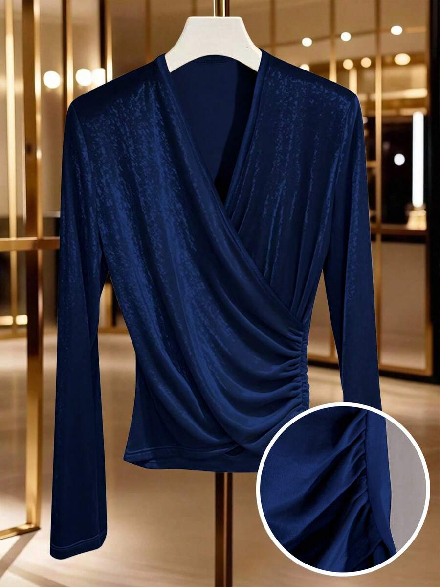Qadelle Camiseta de terciopelo elegante color albaricoque para mujer, otoño/invierno - azul real - Ver 1