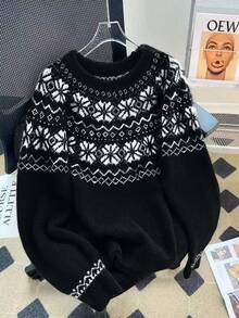 Franclia Christmas Snowflake Pattern Casual Knit Sweater, Autumn/Winter Black Sweater Knitted Sweater Winter Sweaters Women Sweater Cute Sweater