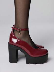 ROMWE Goth 女士闭趾交叉绑带玛丽珍鞋，朋克哥特厚底厚跟绑带搭扣JK制服鞋，防水正式工作高跟鞋 - 酒紅色 - 查看 4