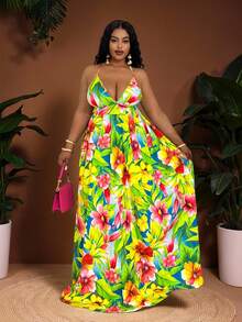 Veslaya 2025 春夏新品日常穿着、生日、休闲、度假、海滩、旅行、热带花卉印花高腰 A 字型无袖大码连衣裙 - 彩色 - 查看 1