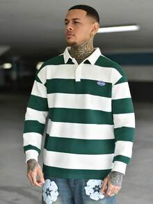 Devon Thys 男士条纹领扣前长袖时尚运动衫 - 綠色 - 查看 5