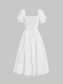 SHEIN MOD Women's Embroidery Puff Sleeve Tie Front Dress